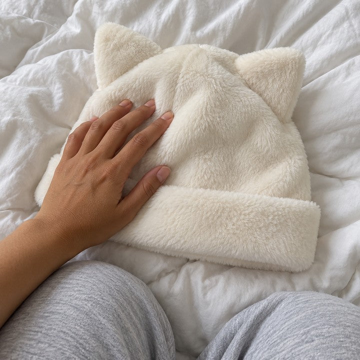 Illustrative photo of a hand resting on a White Cleo cat ear hat on a bed.