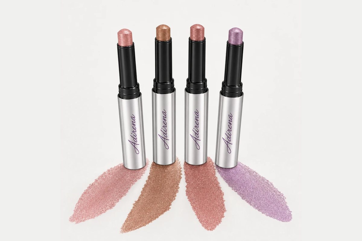 Four Adirena Soft Focus eyeshadow sticks lined up with their swatches