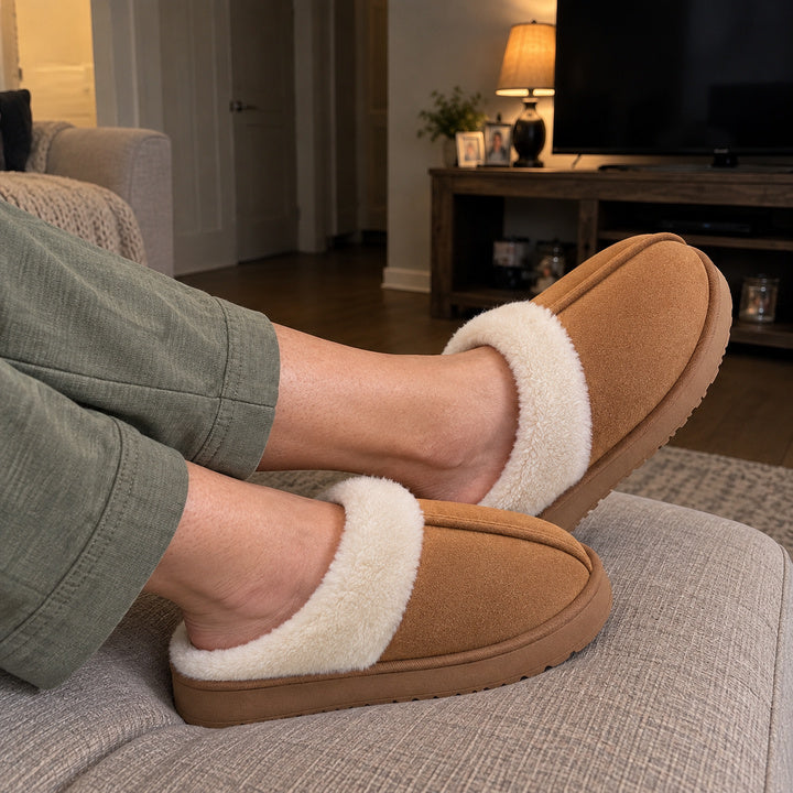 Chestnut Haven slippers on feet resting on a footrest.