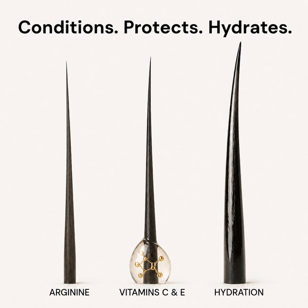 Arginine conditions, vitamins protect, hydration keeps each hair soft