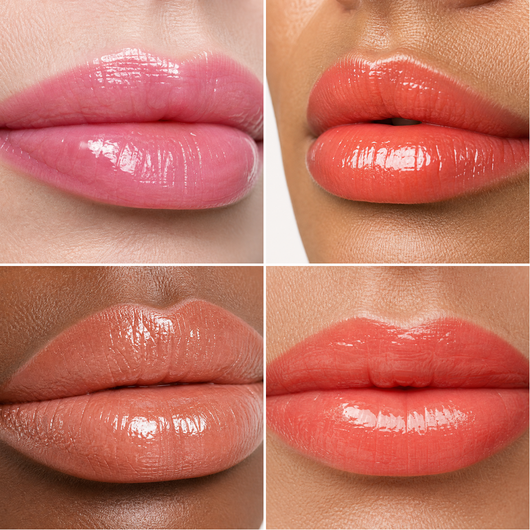 Hydrating Lip Plumper plumping shades shown on four skin tones from fair to deep