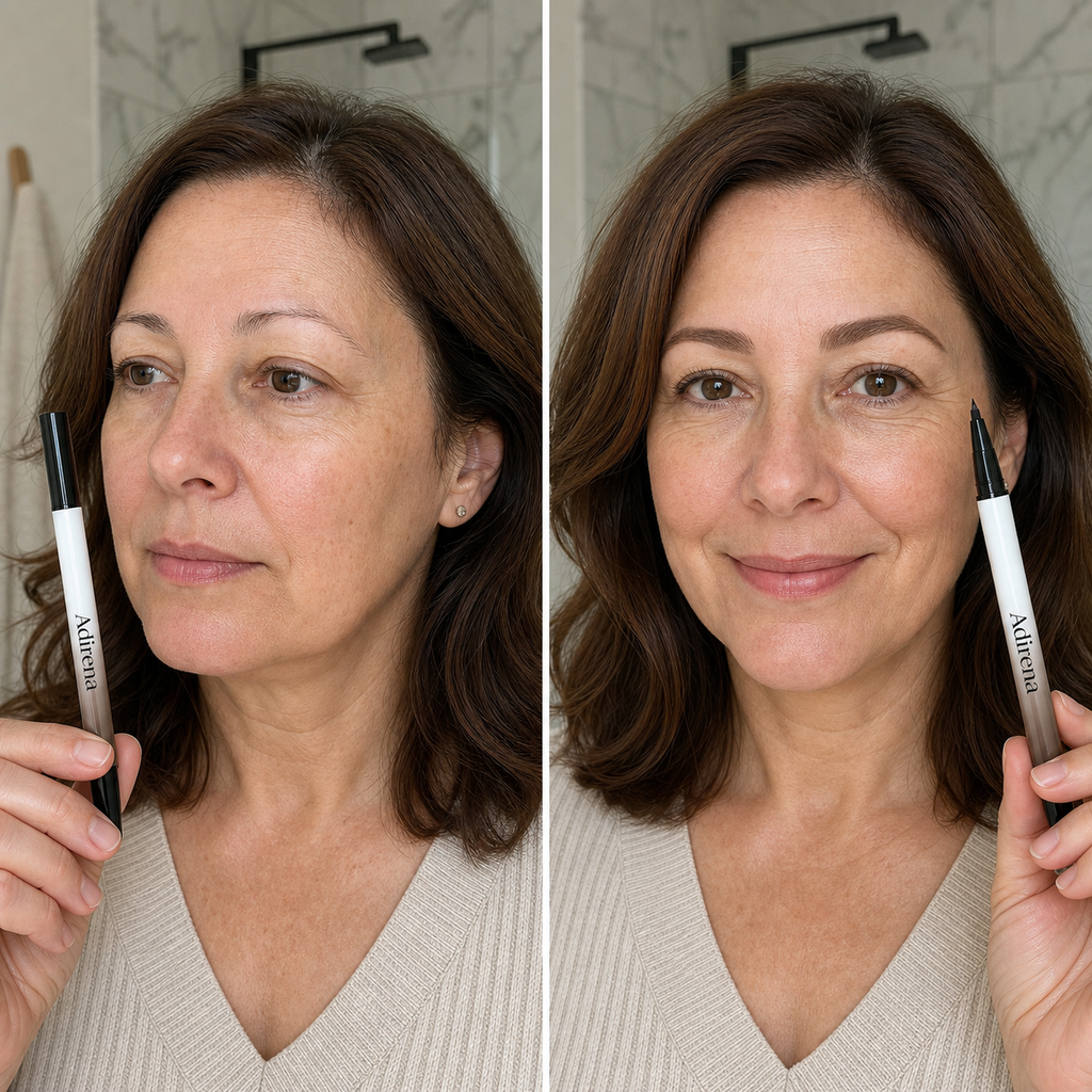 Adirena Brow Pen before and after, hair-like strokes on sparse brows