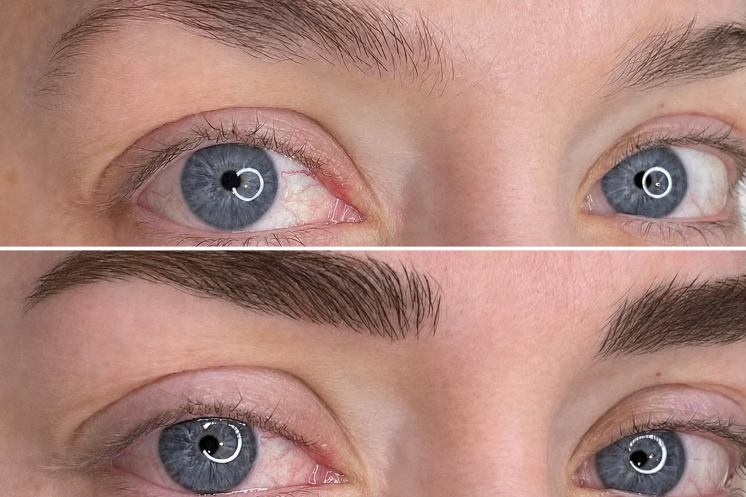 Stacked before and after: sparse brow above, deep defined brow below