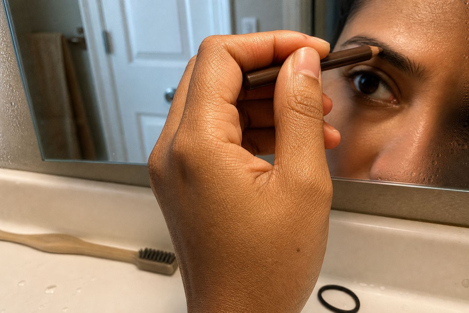 Filling in brows at the bathroom mirror