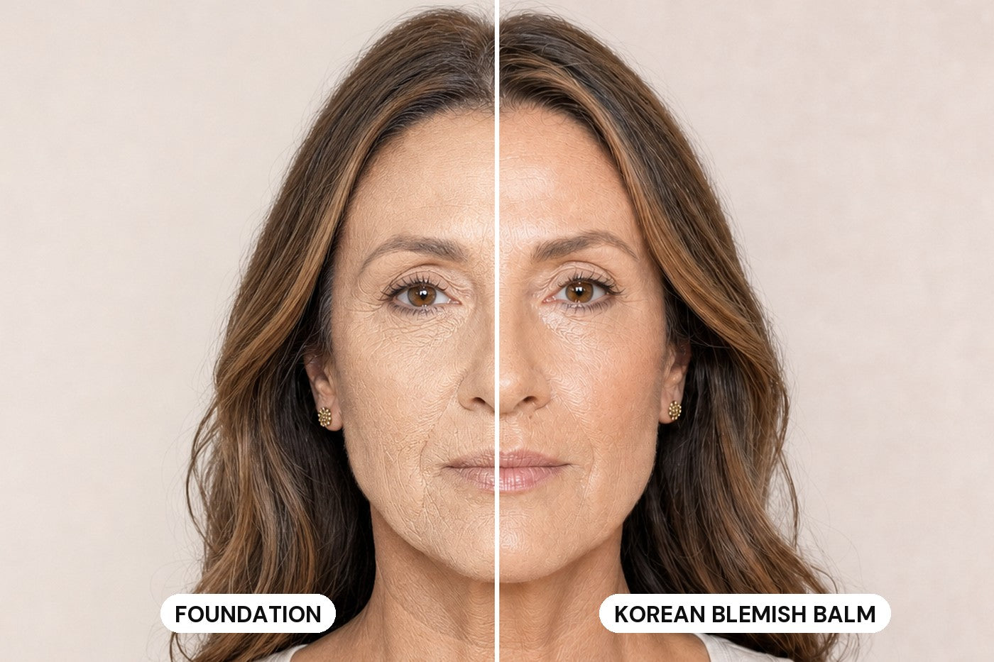 Korean Blemish Balm before and after, redness and dark spots evened into a breathable second-skin finish