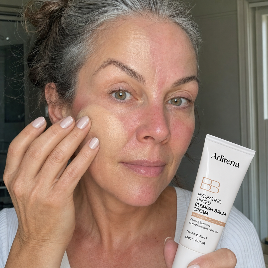 Korean Blemish Balm before and after, redness and uneven tone evened into a breathable finish
