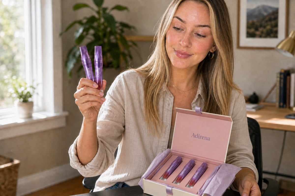 Brooke Hayes opening a small Adirena gift box containing five Velvet Blur Lip Cream tubes