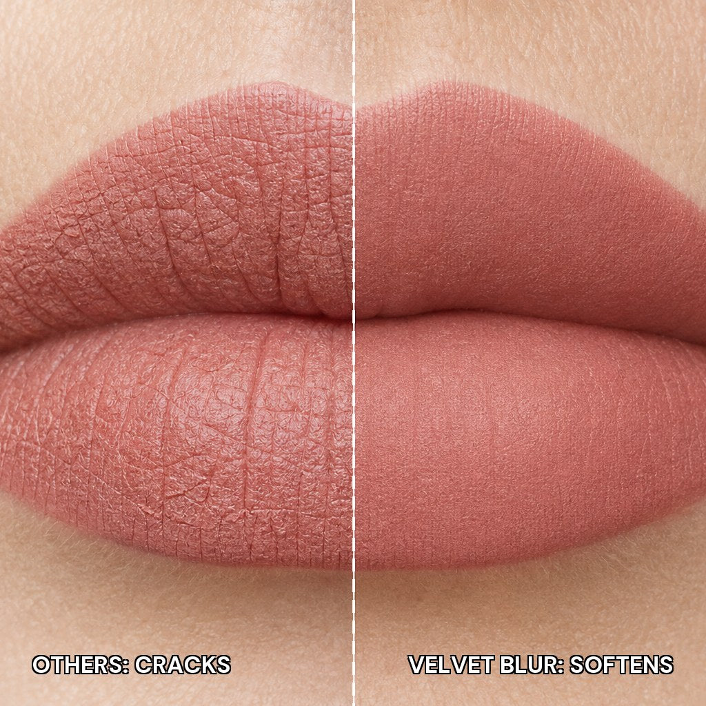 Velvet Blur Lip Cream softening fine lines on mature lips, before and after