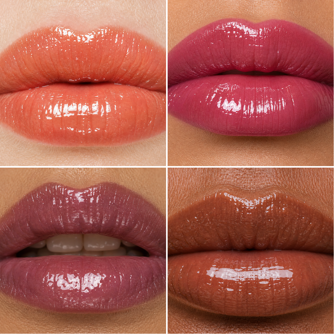 Wrinkle-Blur Lip Oil glass-shine shades shown on four skin tones from fair to deep