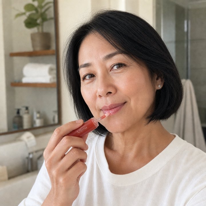 Renée holding Adirena Wrinkle-Blur Lip Oil