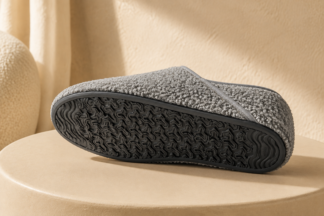One slipper sock upright and one turned over to show its rubber sole