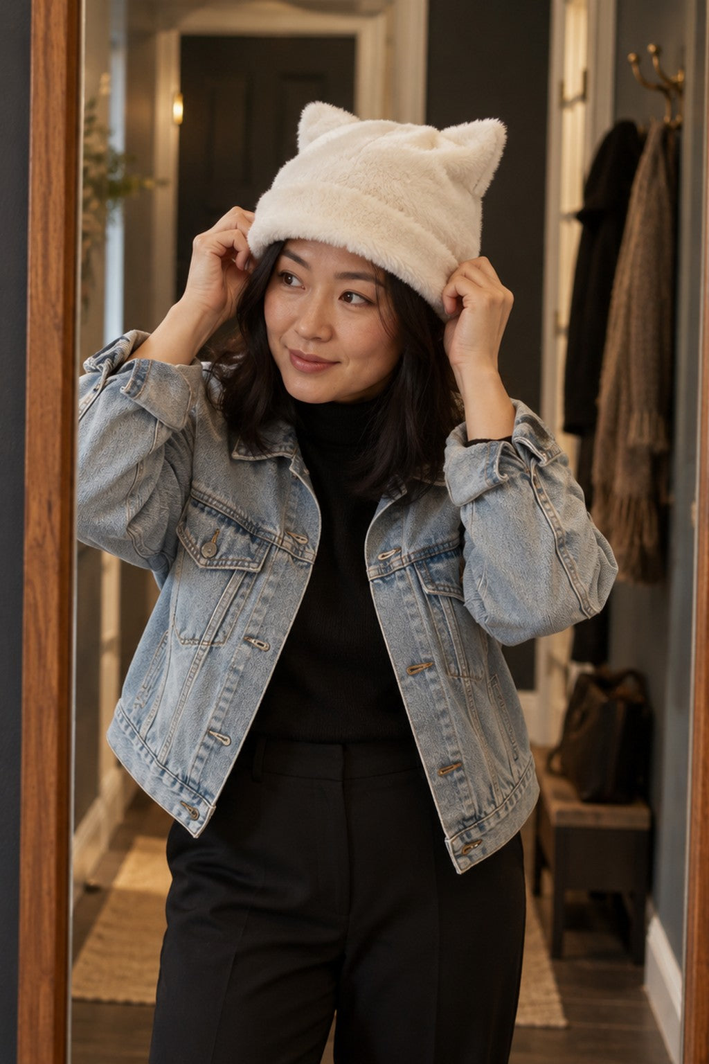 Woman in a denim jacket pulling on a White Cleo cat ear hat in a hallway mirror.