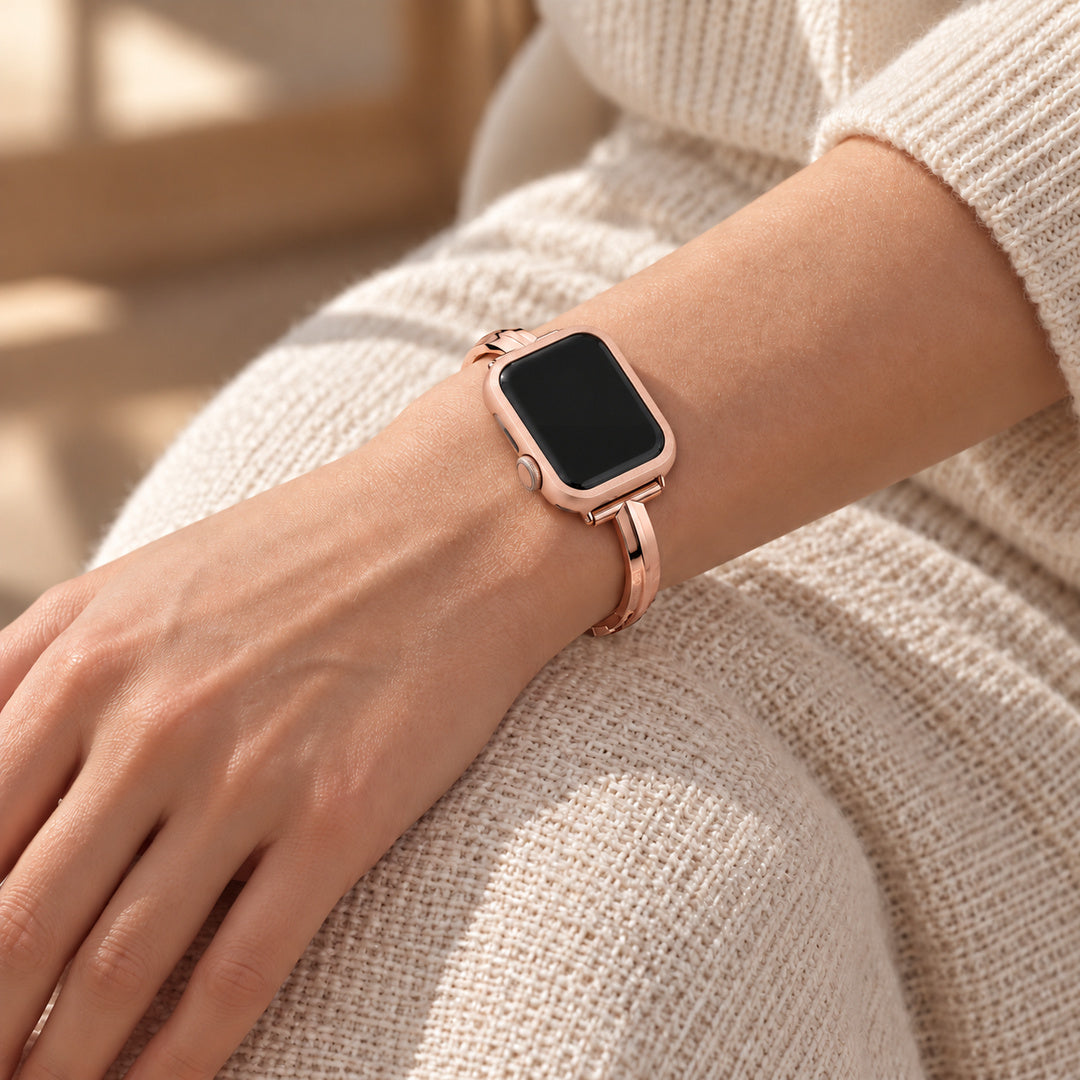 Halo rose gold case frame on a watch worn with a Madison rose gold band