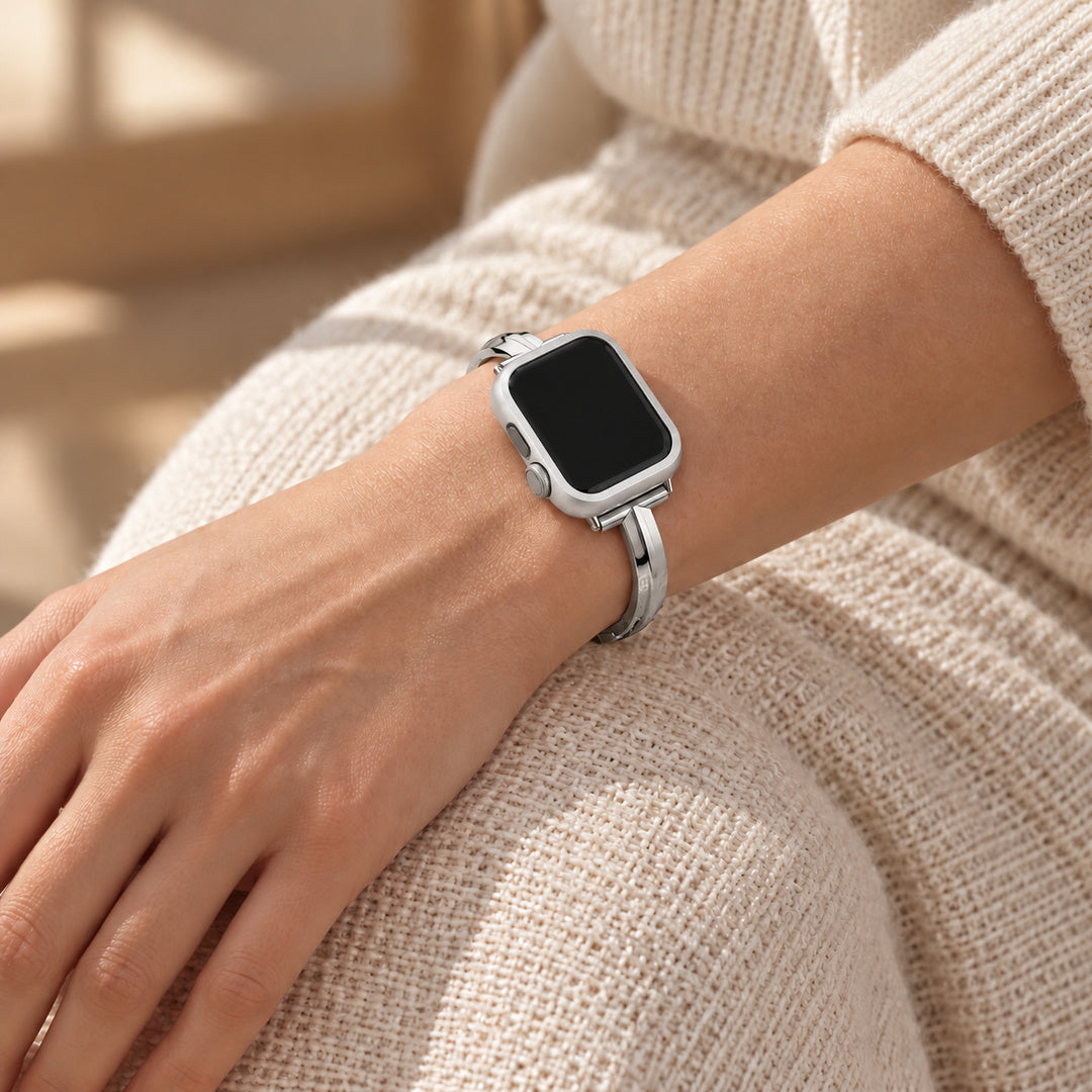 Halo silver case frame on a watch worn with a Madison silver band