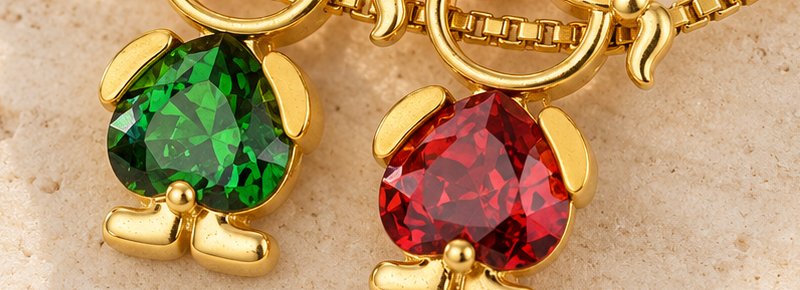 Close-up of two heart-cut charms on the box chain