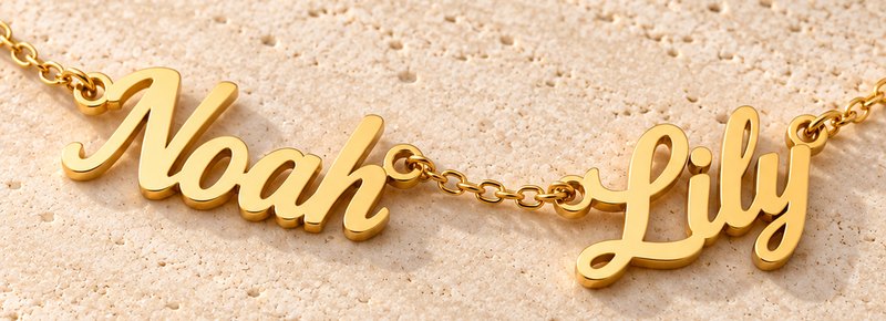 Close-up of two cut-out script names, each linked into the fine chain at both ends