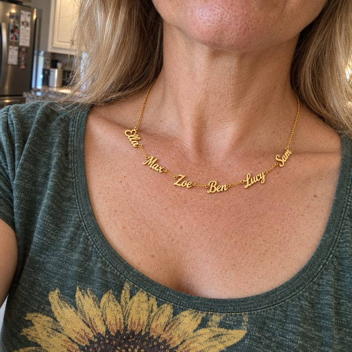 A woman wearing the gold name necklace, everyday phone photo
