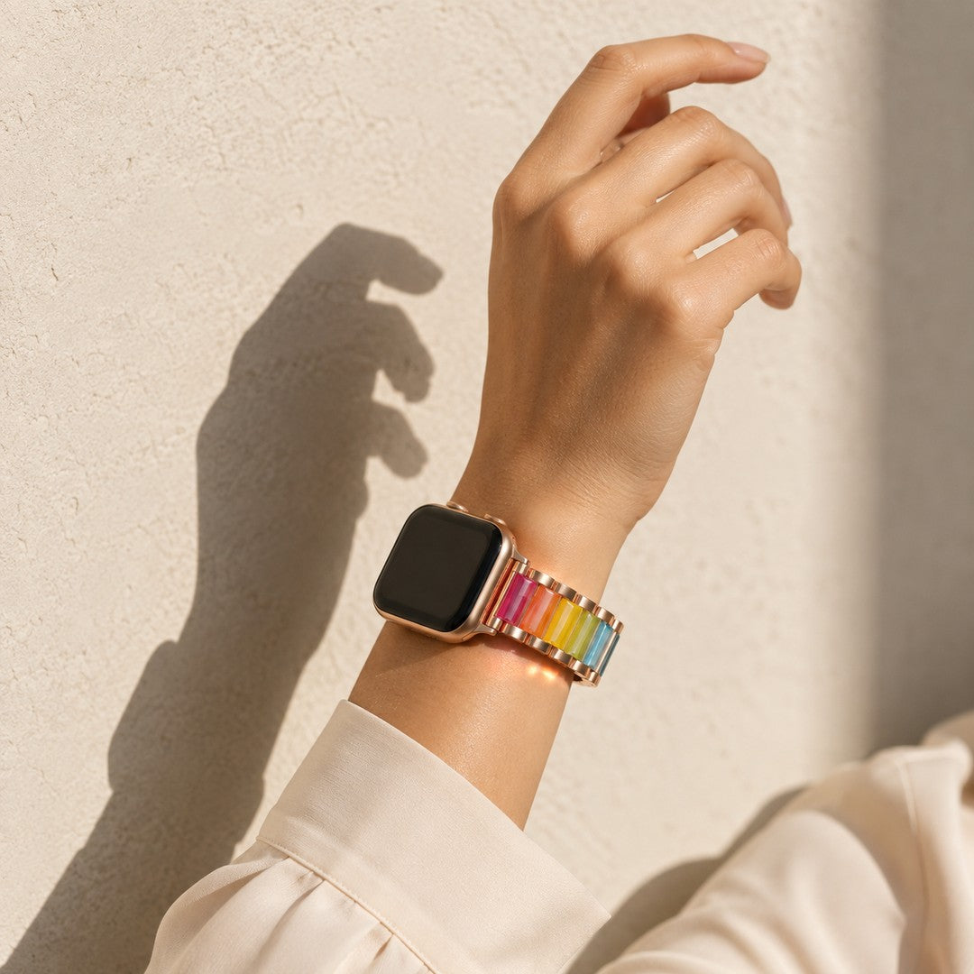 Adirena Metal Resin Band for Apple Watch worn in sunlight beside two fine bracelets