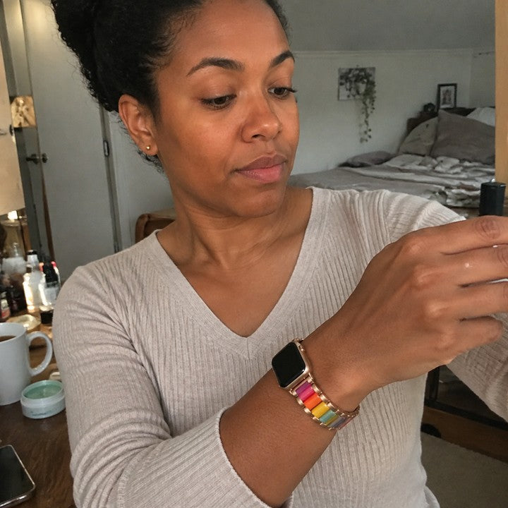 Elena wearing the Adirena Metal Resin Band for Apple Watch at her dressing table