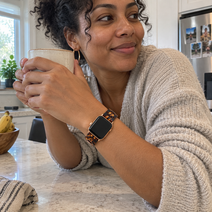 Woman wearing an Adirena resin link watch band in Tortoiseshell, leaning on a kitchen counter
