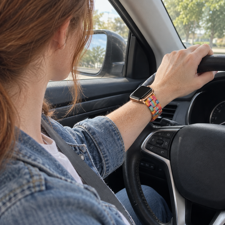 Woman wearing an Adirena resin link watch band in Rainbow, in the driver's seat