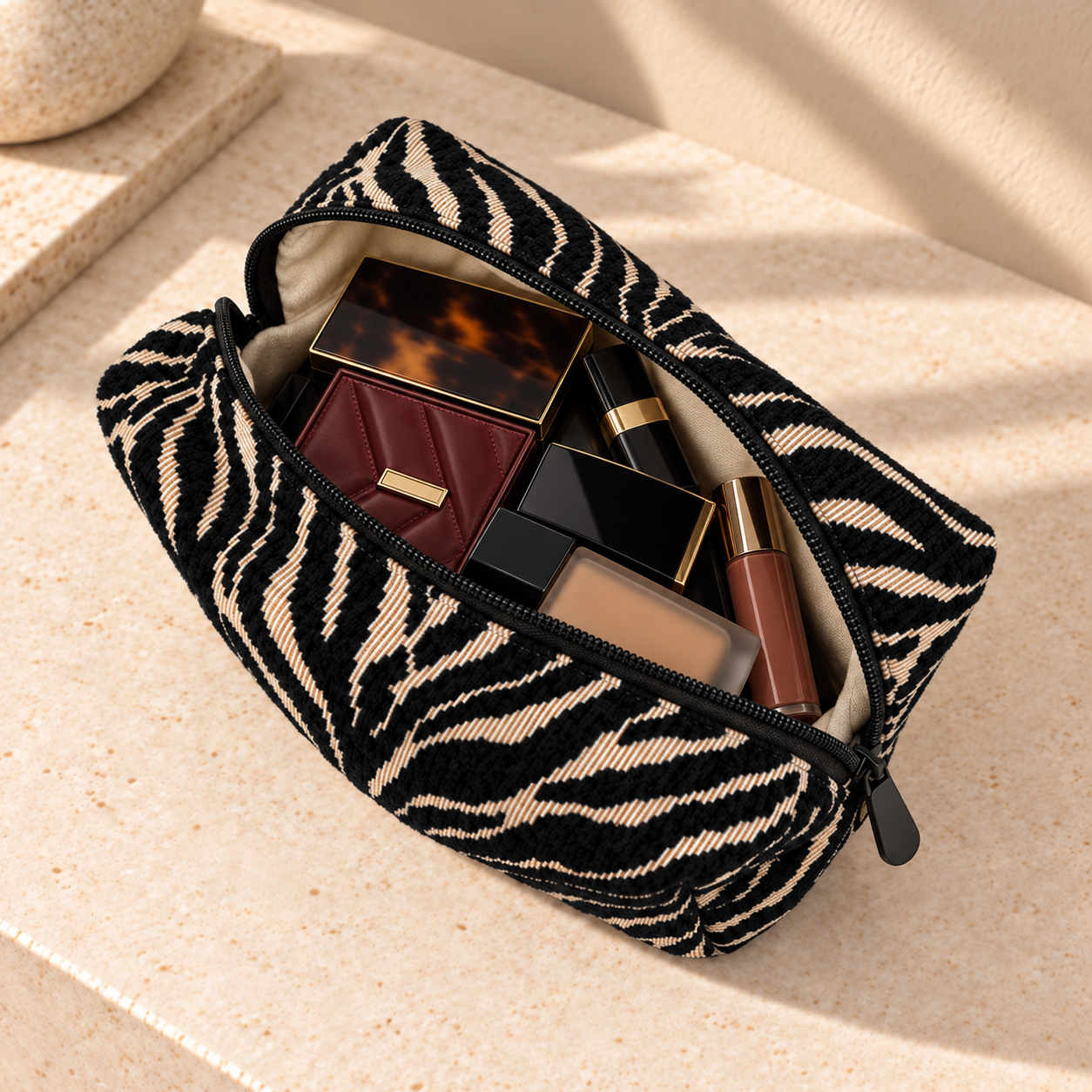 Wide-open black and cream zebra pouch neatly filled with premium black, tortoiseshell, oxblood and gold makeup essentials.